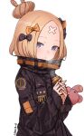  1girl abigail_williams_(fate) abigail_williams_(traveling_outfit)_(fate) absurdres bandaid bandaid_on_face bandaid_on_forehead bangs black_bow black_jacket blonde_hair blue_eyes bow breasts crossed_bandaids fate/grand_order fate_(series) forehead hair_bow hair_bun high_collar highres jacket kuronuko_neero long_hair long_sleeves multiple_bows open_mouth orange_belt orange_bow parted_bangs polka_dot polka_dot_bow sleeves_past_fingers sleeves_past_wrists small_breasts solo stuffed_animal stuffed_toy teddy_bear 