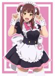  1girl :d absurdres akiba_maid_war animal_ears apron black_dress bow bowtie brown_hair dress emily0103 fake_animal_ears highres kazuhira_nagomi long_hair looking_at_viewer maid maid_headdress pig_ears pink_background pink_bow pink_bowtie puffy_short_sleeves puffy_sleeves short_sleeves simple_background smile solo standing thighhighs white_thighhighs wrist_cuffs yellow_eyes 