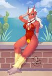  anthro blaziken blonde_hair blue_eyes breasts brick_wall cactus carmen_(boolean) chest_tuft cleavage clothed clothing cloud day female fur generation_3_pokemon hair hand_on_head hi_res mountain navel neck_tuft nintendo nipples_through_clothes one-piece_swimsuit outside plant pokeball pokemon pokemon_(species) red_body red_clothing red_fur red_swimwear sand scuted_arms scuted_feet scuted_hands scutes sitting_on_ledge sky solo swimwear tuft unluckypaw video_games wall_(structure) water yellow_body yellow_fur 