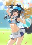  1girl animal_ears arms_up bangs bare_arms black_hair blue_archive blue_eyes blurry blurry_background blush bracelet breasts cheerleader confetti crop_top dog_ears dog_tail gloves goggles goggles_on_head halo hibiki_(blue_archive) hibiki_(cheerleader)_(blue_archive) highres holding holding_pom_poms jewelry long_hair looking_at_viewer medium_breasts miniskirt navel open_mouth pine_(angel4195202) pom_pom_(cheerleading) ponytail skirt solo standing star_(symbol) stomach sweat tail white_gloves white_skirt 
