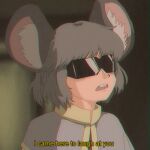  1990s_(style) 1girl animal_ear_fluff animal_ears bangs buck_teeth capelet commentary english_commentary grey_capelet grey_hair gundam i_came_here_to_laugh_at_you_(meme) meme mouse_ears mouse_girl nazrin open_mouth portrait retro_artstyle short_hair solo step_arts subtitled sunglasses teeth touhou zeta_gundam 