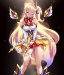  1girl blonde_hair blue_eyes breasts cait_aron commentary_request detached_sleeves english_commentary gradient gradient_hair highres holding holding_wand large_breasts league_of_legends long_hair looking_at_viewer magical_girl multicolored_hair one_eye_closed one_side_up pink_hair purple_hair revision seraphine_(league_of_legends) solo standing star_guardian_seraphine very_long_hair wand white_sleeves 
