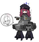  3girls blue_archive garrison_cap grey_eyes ground_vehicle hat highres hrna iroha_(blue_archive) long_hair metal_slug military military_jacket military_uniform military_vehicle motor_vehicle multiple_girls parody peaked_cap red_hair simple_background tank type_95_ha-gou uniform wavy_hair white_background 