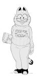  2022 anthro big_eyes big_glasses book bottomwear braces chubby_anthro chubby_female clothed clothing crossgender dbaru digital_media_(artwork) dipstick_ears dipstick_tail domestic_cat english_text extended_arm eyelashes eyewear felid feline felis female fingers footwear freckles full-length_portrait fully_clothed garfield_(series) garfield_the_cat glasses hi_res holding_book holding_object looking_at_viewer mammal markings monochrome mtf_crossgender multicolored_ears pants portrait prick_ears print_clothing print_sweater print_topwear shoes smile smiling_at_viewer solo standing sweater tail_markings text text_on_clothing text_on_sweater text_on_topwear topwear turtleneck 