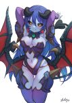  1girl arms_behind_head arpeggio_kaga astaroth_(shinrabanshou) black_horns black_sclera blue_hair blue_skin closed_mouth clothing_cutout colored_sclera colored_skin commentary_request demon_girl demon_tail demon_wings earrings hair_between_eyes heart heart_earrings highres horns jewelry long_hair looking_at_viewer navel navel_cutout shinrabanshou simple_background smile solo tail white_background wings yellow_eyes 