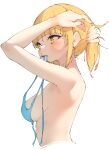  1girl absurdres adjusting_hair arms_up bangs bikini blonde_hair blue_bikini blunt_bangs boku_no_hero_academia breasts cropped_torso from_side highres looking_to_the_side medium_breasts mouth_hold rasusurasu simple_background solo string_bikini swimsuit toga_himiko untied untied_bikini upper_body white_background yellow_eyes 