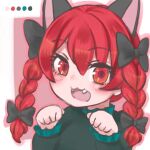  1girl :3 :d animal_ears black_bow bow braid cat_ears dress fangs green_dress hair_bow kaenbyou_rin looking_at_viewer paw_pose red_eyes red_hair satsuki_mei_(17maymay14) smile solo tail touhou twin_braids 