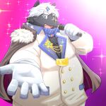  1:1 2022 anthro belly big_belly black_body blue_eyes canid canine cape clothed clothing gloves hair handwear humanoid_hands kemono kiyo kokuba_hoeguro male mammal microphone overweight overweight_male solo virtual_youtuber white_hair 