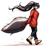  1:1 2022 absurd_res anthro boots bottomwear breasts clothing female fluffy fluffy_tail footwear fur green_eyes hair hi_res holding_leaf leaf long_hair looking_at_viewer mammal mephitid mykegreywolf pants skunk smile solo sweater topwear walking 
