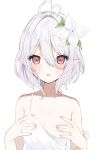  1girl antenna_hair bare_shoulders blush breasts covered_nipples elf fingernails flower hair_between_eyes hair_flower hair_ornament highres kokkoro_(princess_connect!) nail_polish open_mouth pink_eyes pink_nails pointy_ears princess_connect! short_hair small_breasts solo tank_top upper_body white_background white_hair yupi_(yuyupiko01) 