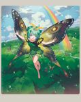  1girl antennae aqua_hair barefoot brown_eyes bug butterfly butterfly_wings cloud commentary day dress eternity_larva flying full_body green_butterfly green_dress hair_ornament highres leaf_hair_ornament looking_at_viewer momijigari open_hands outstretched_arms parted_lips rainbow short_hair sky smile solo sparkle touhou water_drop wings 