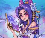  1girl bangs bare_shoulders breasts cassiopeia_(league_of_legends) cleavage collarbone commentary flower green_background hair_bun hair_flower hair_ornament hand_fan hand_up holding holding_fan japanese_clothes kimono league_of_legends long_hair medium_breasts multicolored_background parted_bangs petals phantom_ix_row pink_eyes purple_hair shiny shiny_hair single_hair_bun solo spirit_blossom_cassiopeia symbol-only_commentary 