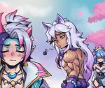  1girl 2boys aphelios asymmetrical_horns bangs bare_shoulders bead_bracelet bead_necklace beads black_hair blue_hair bracelet breasts collarbone crescent_necklace evelynn_(league_of_legends) facing_another from_side grey_hair horns jewelry large_breasts league_of_legends long_hair looking_back meme multicolored_hair multiple_boys muscular muscular_male necklace orange_eyes outdoors phantom_ix_row sett_(league_of_legends) shaded_face shiny shiny_hair short_hair spirit_blossom_aphelios spirit_blossom_evelynn spirit_blossom_sett topless_male tree two-tone_hair whistling white_hair yaoi 