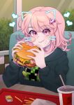  1girl animal_ears artist_name bangs black_sweater blush breasts brown_hair burger cheese commentary creeper cup danganronpa_(series) danganronpa_2:_goodbye_despair disposable_cup drinking_straw eating fake_animal_ears fake_whiskers flipped_hair food food_on_face french_fries galaga hair_ornament heart highres holding holding_food hood hood_down indoors kiki_witch looking_at_viewer medium_breasts messy_hair minecraft monokuma nanami_chiaki onion pink_eyes solo sweater tomato tray upper_body 