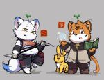  2022 anthro biped black_nose book chibi clothed clothing cosplay felid feral final_fantasy final_fantasy_xiv group hi_res kemono kusosensei magic mammal orange_body square_enix video_games weapon white_body yellow_body 