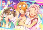  3boys absurdres ahoge akizuki_ryo brown_hair closed_eyes f-lags_(idolmaster) hair_over_one_eye heart heart-shaped_eyewear highres holding holding_water_gun idolmaster idolmaster_side-m iyutani kabuto_daigo long_sleeves multiple_boys open_mouth orange_hair pink_hair short_sleeves smile star-shaped_eyewear sunglasses teeth tsukumo_kazuki upper_body upper_teeth water_gun 