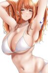  1girl arm_tattoo armpits arms_up bikini breasts brown_eyes cleavage dress highres large_breasts moriton nami_(one_piece) navel one_piece orange_hair parted_lips simple_background solo stomach swimsuit tattoo upper_body white_background white_bikini 