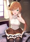  1girl absurdres arm_behind_head arm_up bangs bare_arms bare_shoulders black_thighhighs blush breasts brown_hair brown_skirt clarisse_(granblue_fantasy) commentary_request curtains day granblue_fantasy green_eyes hand_up highres long_hair looking_at_viewer medium_breasts ochinsama on_bed one_eye_closed open_mouth pillow pleated_skirt ponytail ribbed_sweater signature sitting skirt solo sunlight sweater thighhighs turtleneck turtleneck_sweater twitter_username very_long_hair wariza wavy_mouth white_sweater window yawning 