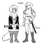  1girl absurdres armor bangs boots brother_and_sister chainmail closed_eyes closed_mouth coat dog_boy dog_girl dungeon_meshi falin_thorden frown full_body furrification furry furry_female furry_male gaman_hada greyscale highres holding holding_staff knee_boots korean_text laios_thorden monochrome off_shoulder pants plate_armor robe short_hair siblings sideways_glance simple_background smile staff sword tongue tongue_out weapon 
