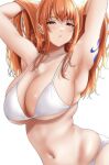  1girl arm_tattoo armpits arms_up bikini breasts brown_eyes cleavage dress large_breasts moriton nami_(one_piece) navel one_piece orange_hair parted_lips simple_background solo stomach swimsuit tattoo upper_body white_background white_bikini 