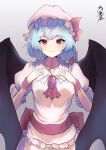  1girl absurdres ascot bird_wings black_wings blue_hair closed_mouth collarbone collared_shirt hat highres looking_at_viewer mob_cap red_ascot red_eyes remilia_scarlet shirt short_hair signature simple_background smile solo touhou white_background white_headwear white_shirt wings yagoro_kusuriya 