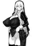  1girl bangs closed_mouth clothes_lift covered_nipples cross-shaped_pupils dress dress_lift hair_between_eyes highres houtengeki huge_nipples long_sleeves looking_at_viewer monochrome nun original pussy pussy_juice thighhighs thighs 