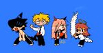  angel angel_devil_(chainsaw_man) angel_wings beam_(chainsaw_man) black_footwear black_pants blood blood_on_clothes chainsaw_man cotton_sprout demon demon_horns denji_(chainsaw_man) fish_tail food highres horns hybrid ice_cream no_shoes open_mouth pants power_(chainsaw_man) school_uniform shark_tail shirt simple_background smile tail white_footwear white_shirt wings yellow_footwear 