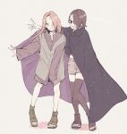  2girls anachronism bangs black_cape black_thighhighs boruto:_naruto_next_generations brown_hair cape closed_mouth cosplay dress_shirt glasses green_eyes grey_background grey_shirt grey_shorts grey_vest grin groin hair_over_one_eye haruno_sakura highres long_hair looking_at_viewer mother_and_daughter multiple_girls naruto naruto_(series) outstretched_arm pink_hair rectangular_eyewear shirt short_hair short_shorts shorts smile standing straight_hair suzu_(tg_390) swept_bangs thighhighs uchiha_sarada uchiha_sasuke uchiha_sasuke_(cosplay) vest zettai_ryouiki 