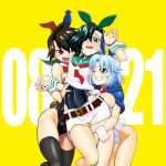  3girls ahoge alternate_costume black_hair black_leotard black_thighhighs blue_eyes blue_hair blush bow bowtie breasts collared_shirt detached_collar fake_tail green_eyes green_hair hair_over_one_eye highres hood houjuu_nue jewelry kagehito kumoi_ichirin large_breasts leotard leotard_under_clothes multiple_girls murasa_minamitsu neckerchief pendant playboy_bunny purple_eyes red_bow red_bowtie red_neckerchief shirt short_hair shorts simple_background tail thighhighs touhou white_leotard white_shirt white_shorts wrist_cuffs yellow_background yuri 