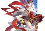  1girl animal_ear_fluff animal_ears bare_shoulders brown_skirt closed_mouth feet_out_of_frame fox fox_ears fox_girl fox_tail grey_hair hagoromo hair_ornament highres holding holding_weapon looking_at_viewer looking_back off-shoulder_shirt off_shoulder original pink_eyes red_cucumber red_shirt shawl shirt short_hair skirt solo standing tail weapon 