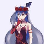  1girl blue_hair breasts closed_mouth dress earrings flower gloves highres jewelry kaien_advance long_hair looking_at_viewer maria_traydor pointy_ears red_eyes red_flower red_rose rose simple_background solo star_ocean star_ocean_till_the_end_of_time thorns vampire 