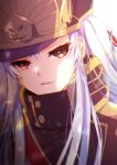  1girl absurdres altair_(re:creators) bangs hair_between_eyes highres long_hair looking_at_viewer military military_uniform open_mouth portrait re:creators red_eyes satsuki_(pixiv_742410) solo uniform white_hair 