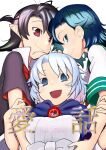  3girls :d ahoge black_hair blue_eyes blue_hair cover cover_page doujin_cover green_eyes green_hair hood houjuu_nue hug jewelry kagehito kumoi_ichirin looking_at_viewer multiple_girls murasa_minamitsu pendant pointy_ears purple_eyes shirt short_hair short_sleeves simple_background smile touhou white_background white_shirt 