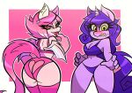  2019 absurd_res anthro bat_pony big_butt bra breasts butt cleavage clothed clothing duo ear_piercing embarrassed equid equine female fur hair hasbro hi_res horn horse legwear long_hair long_tail looking_at_viewer looking_back mammal my_little_pony navel nelljoestar panties piercing pink_body pink_eyes pink_fur pink_hair pony purple_body purple_fur purple_hair sharp_teeth short_hair teeth thick_thighs tongue tongue_out translucent translucent_clothing underwear unicorn wide_hips wings yellow_eyes 