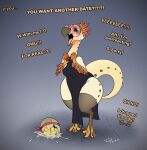  anthro avian bird bird_wyvern blush bodily_fluids bottomwear breasts capcom clothing crying dialogue dress egg english_text eyewear feathers female gift glasses happy hi_res kulu-ya-ku legwear monster_hunter semi-anthro solo stockings tears tears_of_joy text thick_tail thick_thighs thigh_highs toby_art video_games wide_hips 