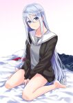  1girl akira_miku_ver bangs bare_legs barefoot bed_sheet between_legs black_cardigan blue_eyes blurry blurry_background bottomless cardigan closed_mouth collarbone full_body grey_hair hair_between_eyes hand_between_legs highres long_hair long_sleeves looking_at_viewer open_cardigan open_clothes project_sekai sailor_collar shiny shiny_hair sitting solo straight_hair very_long_hair wariza white_sailor_collar yoisaki_kanade 