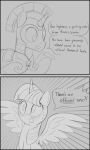  2_panel_comic ambiguous_gender armor blush bodily_fluids dialogue dtcx97 duo english_text equid equine female feral friendship_is_magic hasbro headgear helmet hi_res horn mammal monochrome my_little_pony open_mouth princess_twilight_sparkle_(mlp) royal_guard_(mlp) scroll sweat text twilight_sparkle_(mlp) unicorn wing_boner winged_unicorn wings 