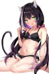  1girl absurdres animal_ear_fluff animal_ears aoi_komugi bangs bare_arms black_bra black_hair black_panties blush bow bra breasts cat_ears cat_girl cat_tail cleavage collarbone fang green_eyes groin hair_between_eyes hair_bow hand_in_own_hair highres karyl_(princess_connect!) leaning_back long_hair low_twintails navel open_mouth panties princess_connect! red_bow shiny shiny_hair simple_background sitting small_breasts solo tail twintails underwear underwear_only very_long_hair wariza white_background white_hair 