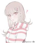  1girl ? alternate_costume alternate_hair_ornament artist_name bangs breasts brown_hair danganronpa_(series) danganronpa_2:_goodbye_despair hair_ornament hood hood_down hoodie light_blush long_hair looking_at_viewer medium_breasts monomi_(danganronpa) nanami_chiaki pink_eyes pink_stripes rabbit_hair_ornament simple_background solo striped striped_hoodie tuteurfars_shin twitter_username upper_body white_background 