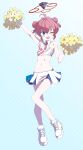  1girl ;d ahoge arms_up bangs bare_shoulders blue_archive blue_eyes breasts cheering cheerleader clothes_writing crop_top double_bun full_body fumino5jyo hair_between_eyes hair_bun halo highres holding holding_pom_poms light_blush looking_at_viewer maki_(blue_archive) midriff name_tag one_eye_closed pleated_skirt polka_dot polka_dot_background pom_pom_(cheerleading) red_hair shoes short_hair sidelocks simple_background skirt small_breasts smile sneakers solo standing standing_on_one_leg 