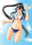  1girl barefoot bikini black_hair blue_bikini blue_sky breasts character_name cloud commentary_request jumping kantai_collection large_breasts long_hair looking_at_viewer navel ponytail red_eyes scrunchie sidelocks sky skypixter smile solo swimsuit two-tone_bikini yahagi_(kancolle) 