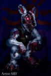  anthro artist-srf blood bodily_fluids claws easter easter_bunny fangs fur gore halloween_horror_nights hi_res holidays holidayz_in_hell lagomorph leporid male mammal nightmare_fuel pink_eyes rabbit white_body white_fur 