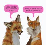  ai_assisted_artwork ambiguous_gender blue_eyes canid canine colored countershading digital_media_(artwork) digital_painting_(artwork) duo english_text feral fox fur hi_res humor lineless lycanium mammal orange_body orange_fur realistic_feral shaded simple_background speech_bubble text white_background white_body white_countershading 