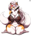  absurd_res accessory anthro areola big_breasts blue_eyes breasts canid canine clothed clothing dusk_lycanroc eyelashes female flower flower_in_hair fluffy fluffy_tail generation_7_pokemon genitals hair hair_accessory hair_over_eye hi_res huge_breasts kneeling lycanroc mammal narrowed_eyes neck_tuft nintendo nipples one_eye_obstructed partially_clothed pink_areola pink_nipples plant pokemon pokemon_(species) pussy solo spikes taphris thick_thighs translucent translucent_clothing tuft video_games white_hair 