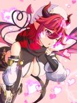  1girl bandages bare_shoulders blowing_kiss boots breasts cleavage demon_girl guardian_tales heart highres horns large_breasts looking_at_viewer medium_hair mekasouru one_eye_closed open_mouth pink_eyes pointy_ears red_eyes red_wings simple_background solo succubus_adventurer_yuze tail wings 
