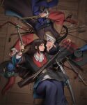  2girls arrow_(projectile) belt bow_(weapon) braid braided_ponytail brown_hair commentary english_commentary eye_contact feet_out_of_frame geumsu gun hand_up hat hat_removed head headwear_removed highres holding holding_gun holding_weapon knee_up korean_clothes long_sleeves looking_at_another looking_to_the_side lying multiple_girls on_back original outstretched_arm pants pinching_sleeves plume pom_pom_(clothes) profile red_ribbon redrawn ribbon robe sash scabbard sheath sidelocks single_braid smile unsheathed weapon wooden_floor 