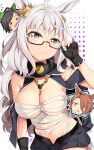  &gt;_&lt; &gt;o&lt; 3girls ^^^ adjusting_eyewear animal_ears biwa_hayahide_(umamusume) black_gloves black_hair black_skirt blush breasts brown_hair budget_sarashi chest_sarashi cleavage closed_mouth cosplay flying_sweatdrops glasses gloves highres horse_ears horse_girl kantai_collection large_breasts long_hair multiple_girls musashi_(kancolle) musashi_(kancolle)_(cosplay) narita_taishin_(umamusume) open_mouth partially_fingerless_gloves pleated_skirt red-framed_eyewear sarashi semi-rimless_eyewear short_hair skirt umamusume under-rim_eyewear white_hair winning_ticket_(umamusume) yasume_yukito yellow_eyes 