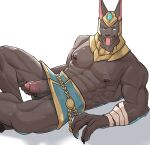  anthro anubian_jackal armor balls bodily_fluids canid canine canis erection genital_fluids genitals hi_res humanoid jackal league_of_legends looking_at_viewer male mammal muscular muscular_male nasus_(lol) nipples pecs penis precum riot_games solo tongue tongue_out vein veiny_penis video_games warwickislovely 