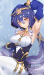  absurdres arm_up armpits blue_hair blue_hoodie breasts drill_hair elf genshin_impact hair_between_eyes half-closed_eyes highres hood hoodie layla_(genshin_impact) looking_at_viewer medium_breasts pants pointy_ears twin_drills twintails w-t white_pants yellow_eyes 