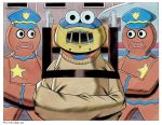  2022 ambiguous_gender animate_inanimate anthro blue_body blue_fur border brown_body bruce_mccorkindale cookie cookie_monster crossover food fur group gurney hannibal_lecter hi_res looking_at_viewer male mask monster muppet muppets muzzle_(object) muzzled parody police_hat restraints sesame_street signature straitjacket text the_silence_of_the_lambs trio white_border 